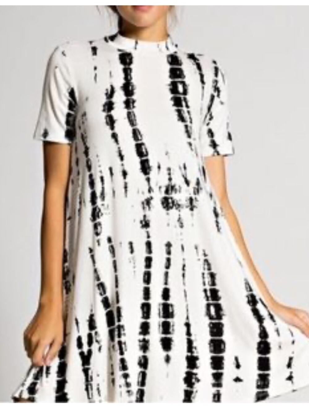 White and Black Splatter Tie Dye Short Sleeve Tunic Dress
